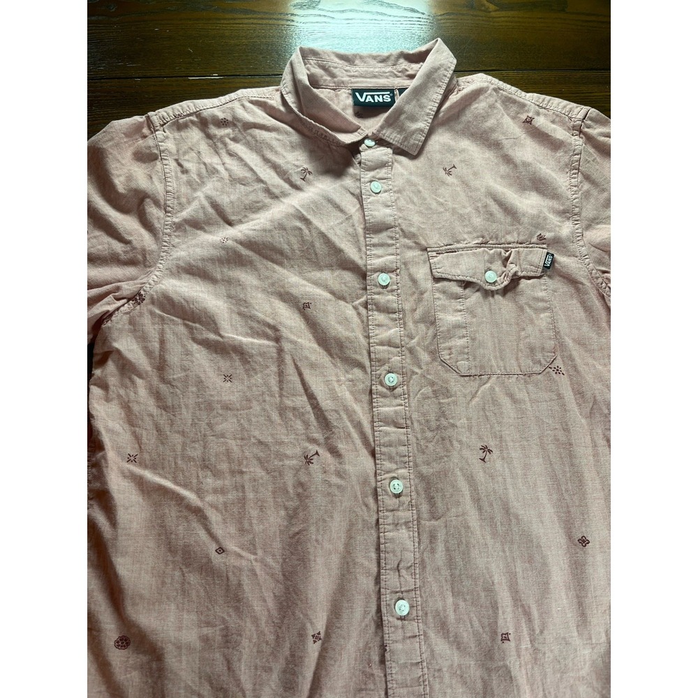 Vans Men's Short Sleeve Light Red Button Shirt Red Palm Tree Print Medium EUC